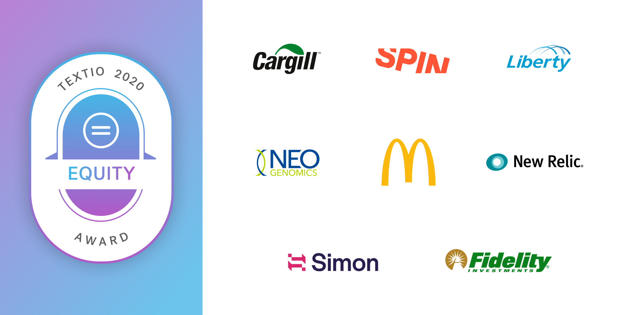 Textio Equity Award badge with company logos of recipients including McDonald's, Fidelity Investments, New Relic, and more