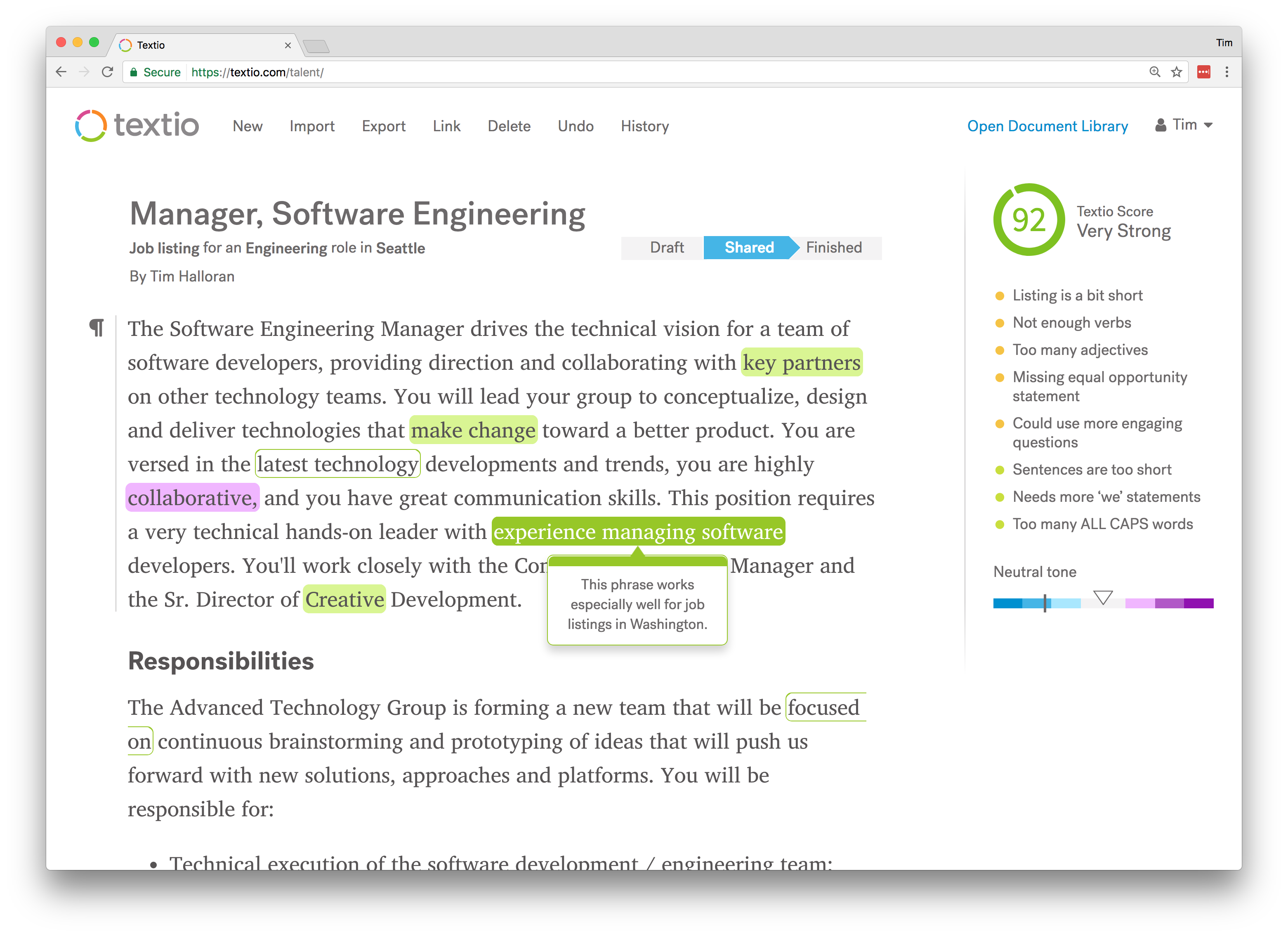 Screenshot of Textio's writing experience with a green phrase hover and tooltip that shows the phrase works well for a job listing in Washington