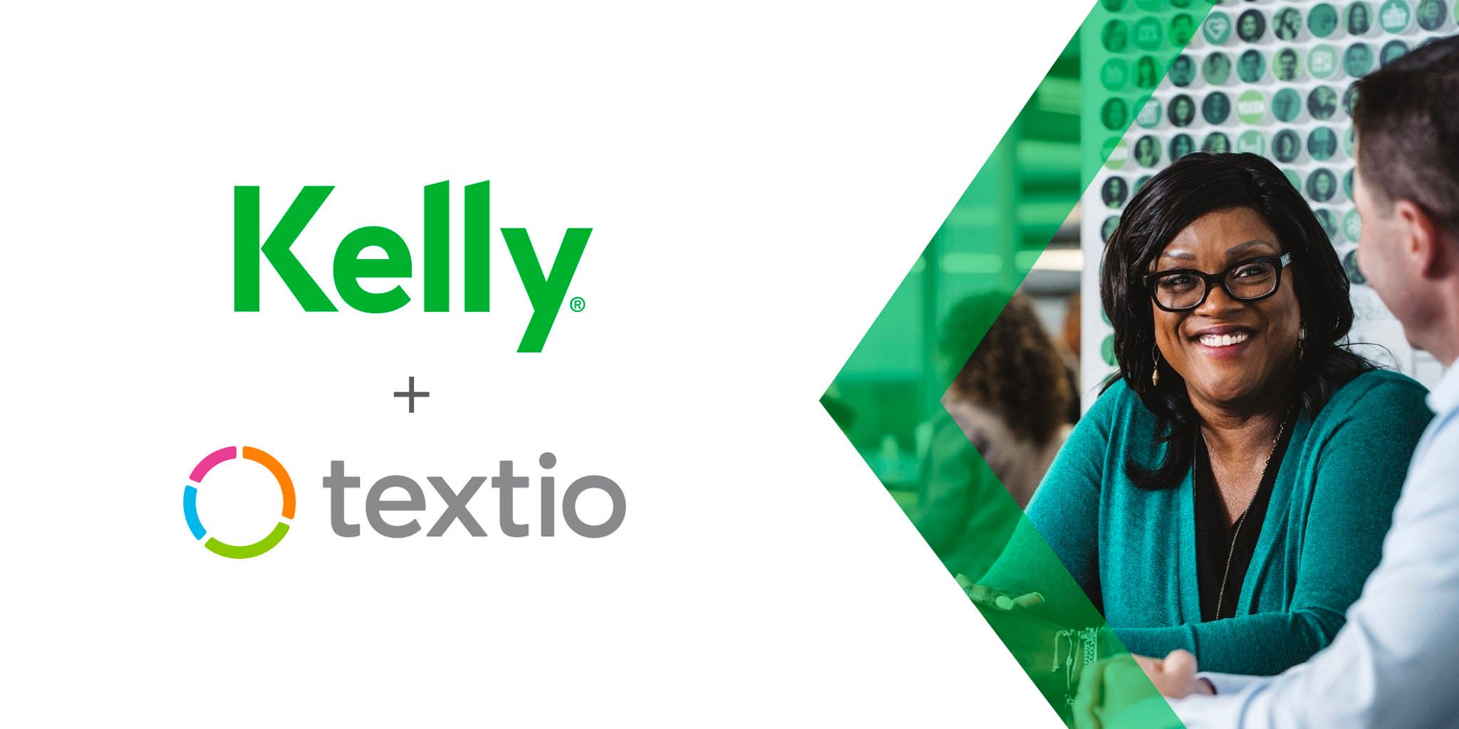 Kelly Services and Textio logo lockup with image of two Kelly employees talking