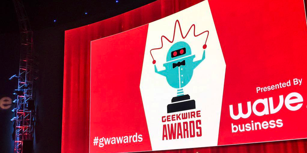 Photo of slide taken by @redwolfpope of Geekwire Awards #gwawards presented by wave business