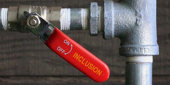 Plumbing pipes with a valve that shows it partially open with the word inclusion written on the lever for the valve