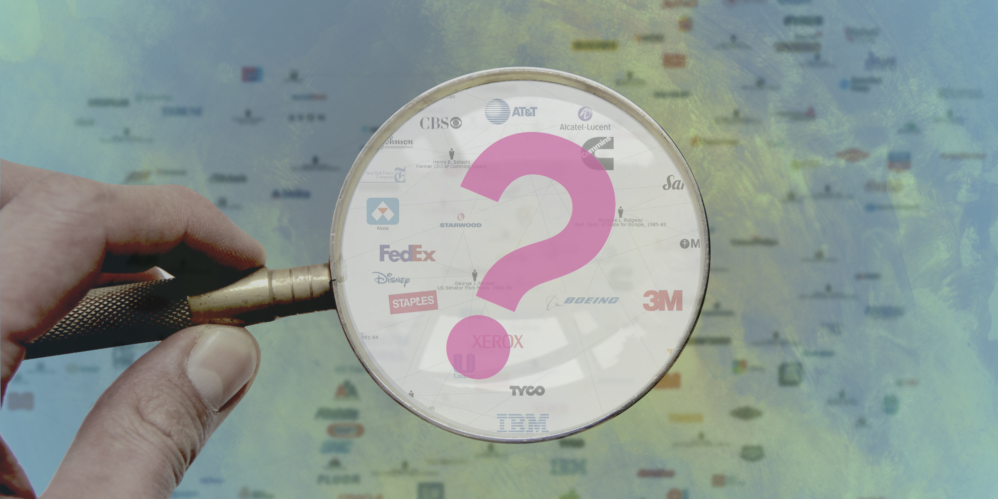 Magnifying glass over top of a map with company logos on it and a question mark